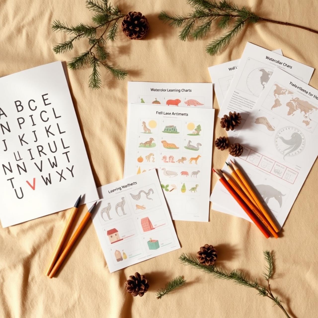 Educational printables flat-lay with spruce sprigs